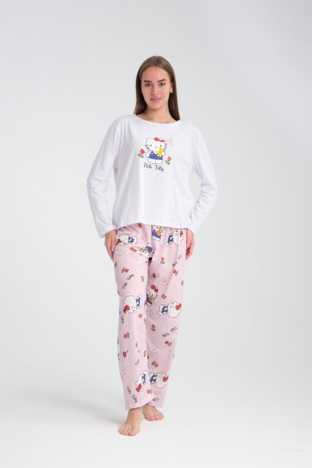 Uzun Kollu Pudra Hello Kity  Baskılı Pijama Takımı