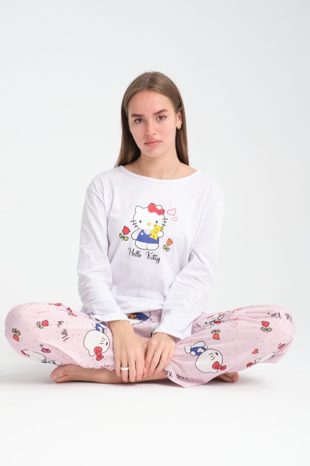 Uzun Kollu Pudra Hello Kity  Baskılı Pijama Takımı