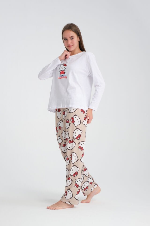 Uzun Kollu Krem Hello Kity Baskılı Pijama Takımı